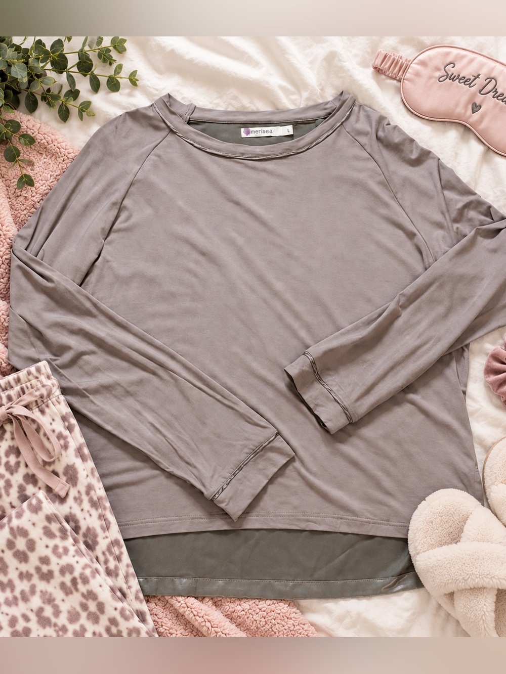 Mersea Taupe Long Sleeve Pajama Sleep Shirt Women's Large Soft Lounge Top